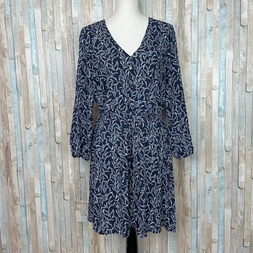 Draper James 6 Blue Fern Print Long Sleeve Peasant Blouson Dress‎ Mini